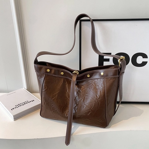 Borsa A Tracolla Retrò Da Donna Grande Capacità Pelle Sintetica Stropicciata Minimalista Cuciture A Contrasto Rivetti