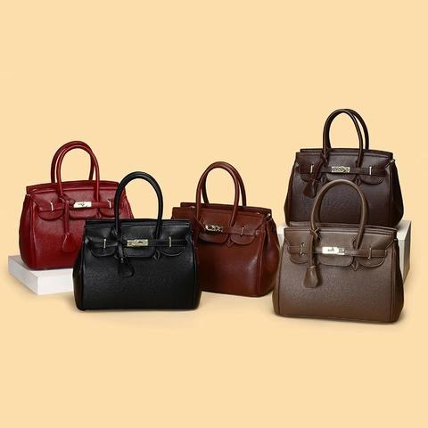 Women Handbag Litchi Pattern PU Leather Top Handle Shoulder Crossbody Bag With Metal Lock Removable Strap Elegant Fashion