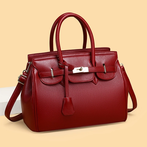 Women Handbag Litchi Pattern PU Leather Top Handle Shoulder Crossbody Bag With Metal Lock Removable Strap Elegant Fashion