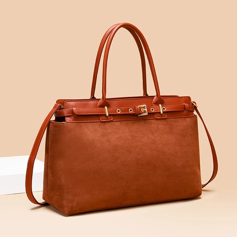 Bolso Tote de Patchwork de Cuero Sintético y Ante para Mujer Gran Capacidad Color Sólido Bolso de Hombro con Hebilla de Oro