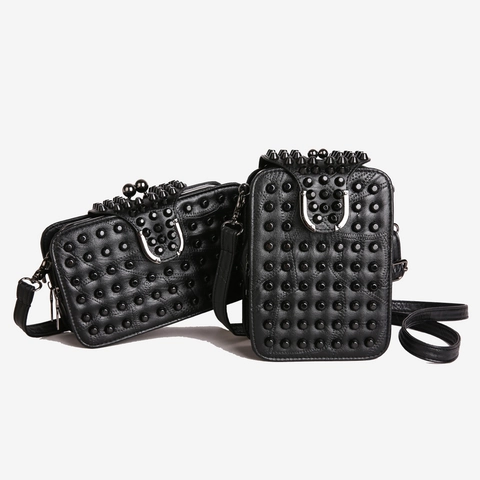 Studded Crossbody Bag Punk Style PU Leather Rivet Small Square Shoulder Bag With Metal Buckle For Women
