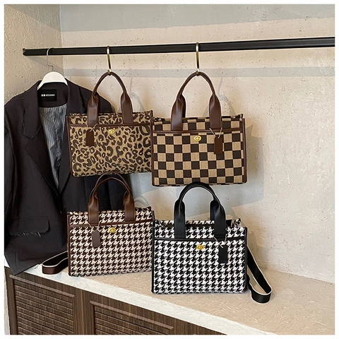 Large Capacity Women Tote Bag PU Leather Leopard Checkerboard Houndstooth Fashion Commuter Shoulder Handbag Wide Strap