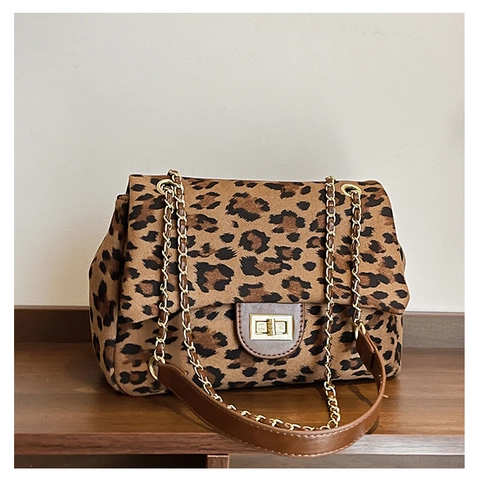 Vintage Leopard Print Suede Shoulder Bag With Gold Chain Strap And Square Turn-Lock Small Square Flap Bag For Women