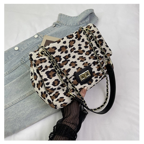 Vintage Leopard Print Suede Shoulder Bag With Gold Chain Strap And Square Turn-Lock Small Square Flap Bag For Women