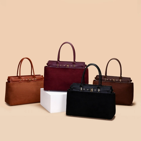 Bolso Tote de Patchwork de Cuero Sintético y Ante para Mujer Gran Capacidad Color Sólido Bolso de Hombro con Hebilla de Oro