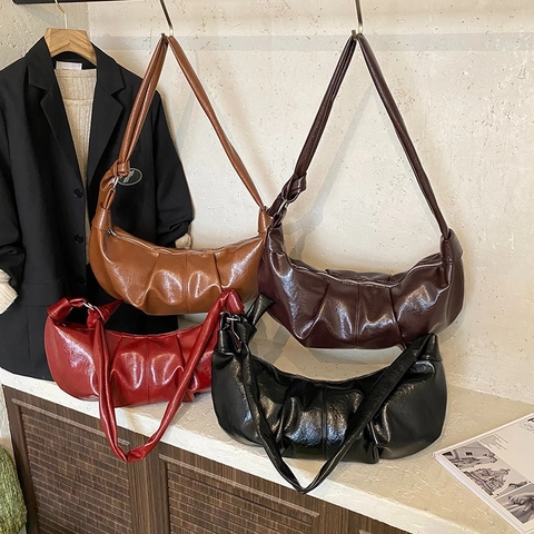Falten Halbmond Schultertasche Glänzendes PU Leder Vintage Hobo Beuteltasche Design Für Damen Alltag