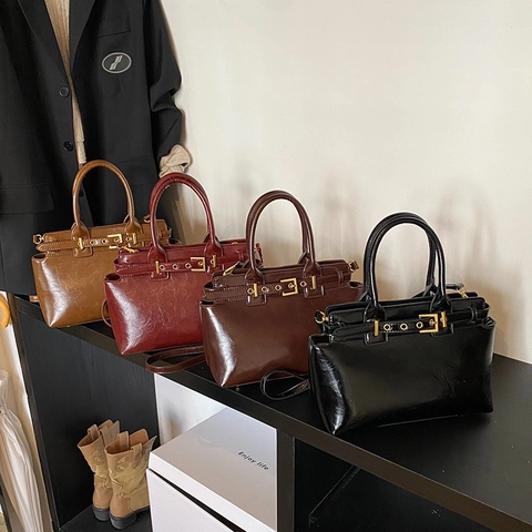 Women Handbags PU Leather Shiny Retro Top Handle Crossbody Shoulder Bag Commuter Belt Buckle Decor