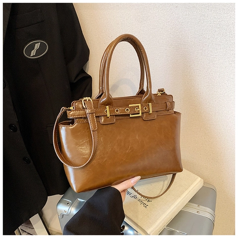 Women Handbags PU Leather Shiny Retro Top Handle Crossbody Shoulder Bag Commuter Belt Buckle Decor