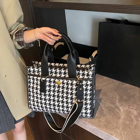 Large Capacity Women Tote Bag PU Leather Leopard Checkerboard Houndstooth Fashion Commuter Shoulder Handbag Wide Strap