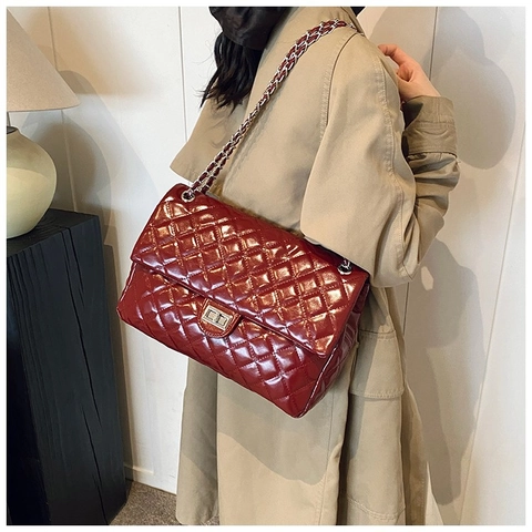 Borsa A Tracolla Trapuntata Con Catena Da Donna Grande Capacità Pelle PU Lucida Rombi Crossbody Chiusura A Girello