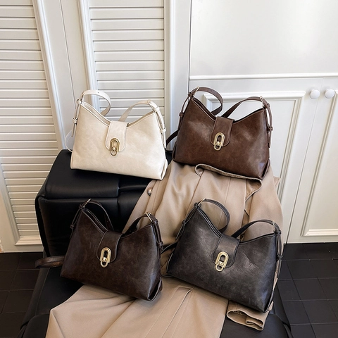 Vintage PU Leder Schultertasche Für Damen Minimalistische Retro Hobo Tasche Mit Goldener Metallschnalle Alltag Handtasche