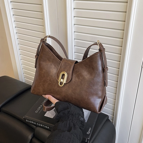 Vintage PU Leder Schultertasche Für Damen Minimalistische Retro Hobo Tasche Mit Goldener Metallschnalle Alltag Handtasche
