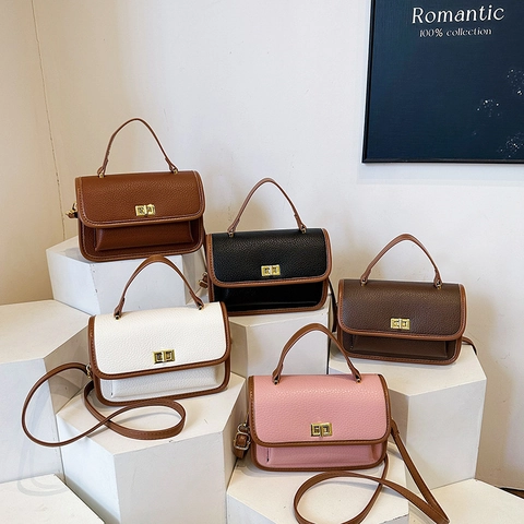 Bolso Bandolera Vintage Para Mujer De Cuero PU Con Cerradura Metálica Color De Contraste Bolso De Mano Cuadrado Pequeño