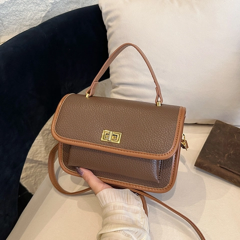 Bolso Bandolera Vintage Para Mujer De Cuero PU Con Cerradura Metálica Color De Contraste Bolso De Mano Cuadrado Pequeño