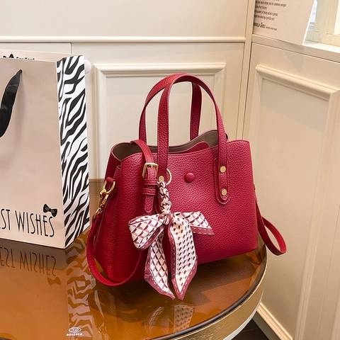 Women High Quality PU Leather Handbag With Scarf Decoration Litchi Grain Fashion Crossbody Shoulder Bag For Daily Commute