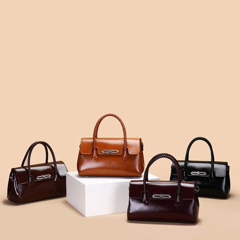 Vintage PU Leather Handbag Retro Shoulder Bag With Woven Handle Metal Turn Lock Office Commuter Crossbody Bag For Women