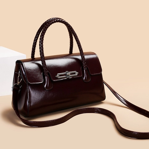 Vintage PU-leren Tote Handtas Met Gevlochten Handvat Metalen Slot Grote Capaciteit Schoudertas Crossbody Damestas Dagelijks Werk