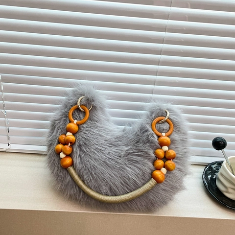 Plüsch Handtasche Aus Kunstfell Halbmondform Mit Holzperlengriff Weiche Mode Herbst Winter Tasche Für Damen