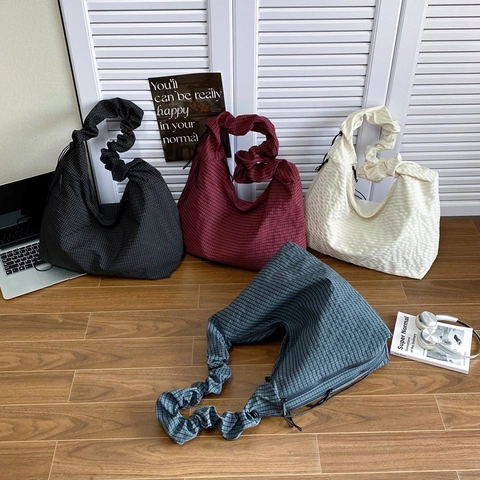 Women Plaid Canvas Hobo Bag Large Capacity Casual Tote With Ruched Shoulder Strap And Zipper