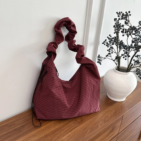 Women Plaid Canvas Hobo Bag Large Capacity Casual Tote With Ruched Shoulder Strap And Zipper