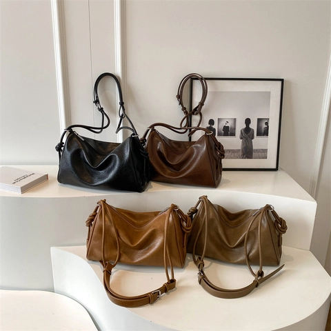 Retro Dames Boston Tas Grote Capaciteit PU Leer Schoudertas Crossbody Minimalistisch Geknoopte Band Vintage Handtas