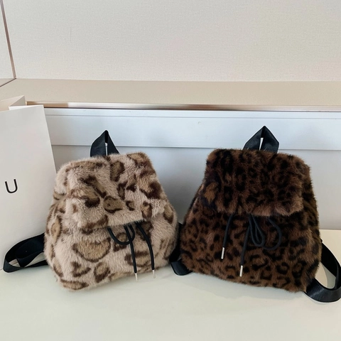 Leopardenmuster Kunstpelz Rucksack Kordelzug Plüsch Umhängetasche Mode Schulranzen Für Damen Mädchen Herbst Winter