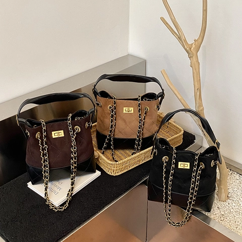 Vintage Gesteppte Eimertasche PU Leder Wildleder Patchwork Rautenmuster Metall Drehverschluss Kette Schultertasche Damen