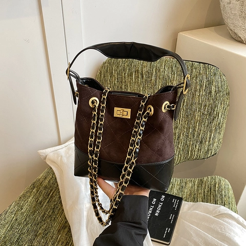 Vintage Gesteppte Eimertasche PU Leder Wildleder Patchwork Rautenmuster Metall Drehverschluss Kette Schultertasche Damen