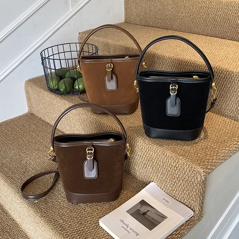 Borsa A Secchiello In Ecopelle Scamosciata Vintage Borsa A Tracolla Tinta Unita Con Manico Superiore Finiture Dorate Donna