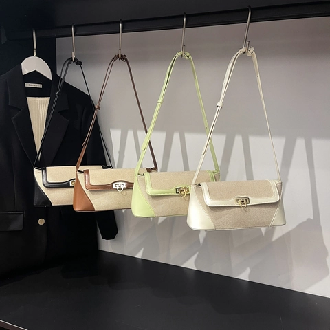 Bolso Baguette Retro Para Mujer De Cuero PU Y Lona Costuras Bandolera Bolso De Hombro Con Cierre Metálico Estilo Simple