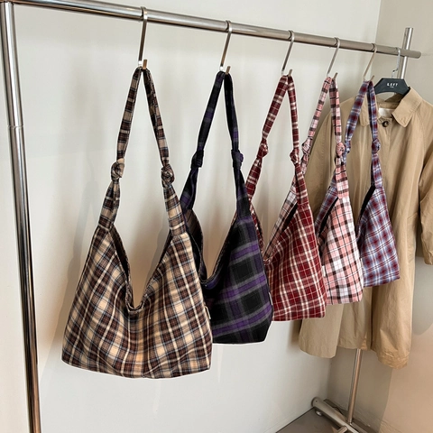 Sac À Épaule En Toile À Carreaux Grande Capacité Fourre-Tout Avec Poignée À Nœud Style Coréen Rétro Sac À Main Femme