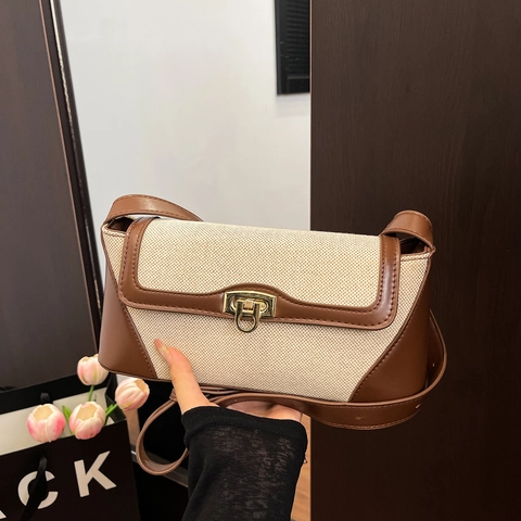 Bolso Baguette Retro Para Mujer De Cuero PU Y Lona Costuras Bandolera Bolso De Hombro Con Cierre Metálico Estilo Simple
