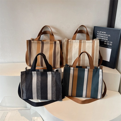 Borsa Tote In Tela A Righe Grande Capacità Casual Righe Verticali Borsa Da Pendolare Con Tracolla Regolabile
