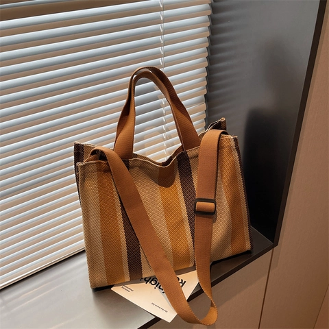 Borsa Tote In Tela A Righe Grande Capacità Casual Righe Verticali Borsa Da Pendolare Con Tracolla Regolabile
