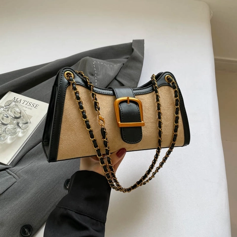 Borsa Baguette Retrò Borsa Da Ascella PU Scamosciato Patchwork Grande Fibbia Dorata Catena Metallo Per Donne