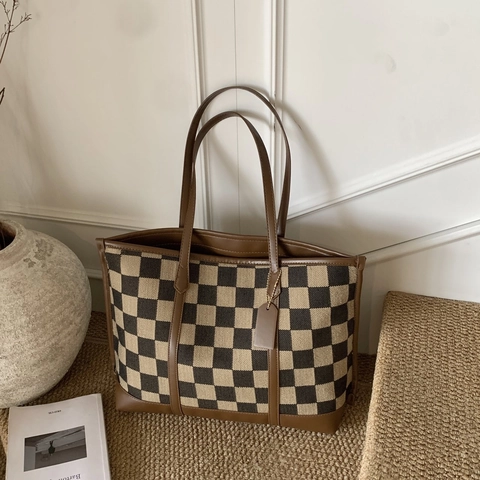 Schaakbordpatroon Canvas Tote Tas Grote Capaciteit PU Leer Splitsen Handtas Voor Vrouwen Koreaanse Stijl Woon-Werkverkeer