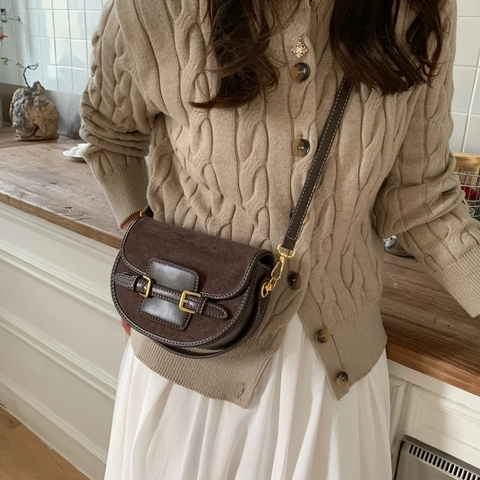 Bolso De Hombro Vintage Tipo Silla Para Mujer Color Contrastado PU Ante Patchwork Bolso Cuadrado Pequeño Con Hebilla