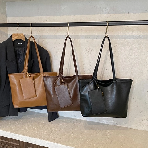 Sac Fourre-Tout Vintage En Cuir PU Pour Femmes Grande Capacité Avec Petite Pochette Style Coréen Minimaliste Mode Sac À Épaule