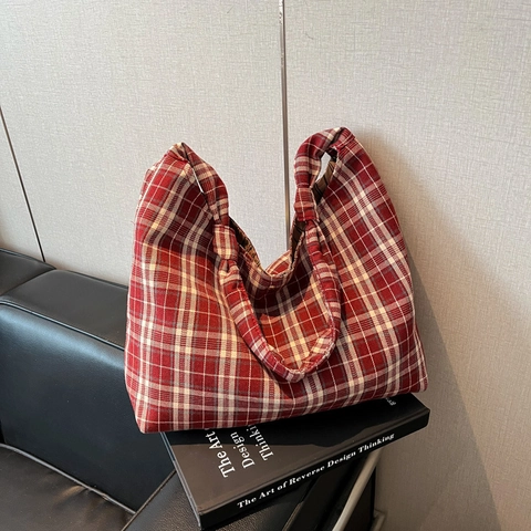 Sac À Épaule En Toile À Carreaux Grande Capacité Fourre-Tout Avec Poignée À Nœud Style Coréen Rétro Sac À Main Femme