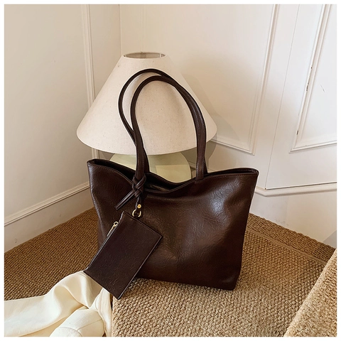 Sac Fourre-Tout Vintage En Cuir PU Pour Femmes Grande Capacité Avec Petite Pochette Style Coréen Minimaliste Mode Sac À Épaule