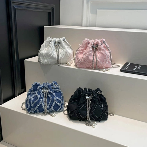 Denim Bucket Bag Fringed Quilted Artificial Pearl Chain Crossbody Shoulder Purse For Women