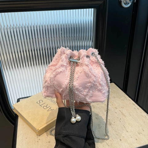 Denim Bucket Bag Fringed Quilted Artificial Pearl Chain Crossbody Shoulder Purse For Women