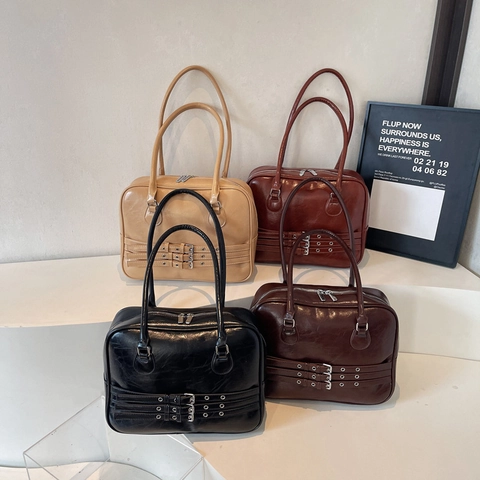 Damen Retro Schultertasche PU Leder Große Kapazität Pendler Tote Mit Mehreren Schnallenriemen Vintage Arbeit Handtasche