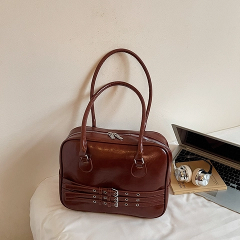 Damen Retro Schultertasche PU Leder Große Kapazität Pendler Tote Mit Mehreren Schnallenriemen Vintage Arbeit Handtasche