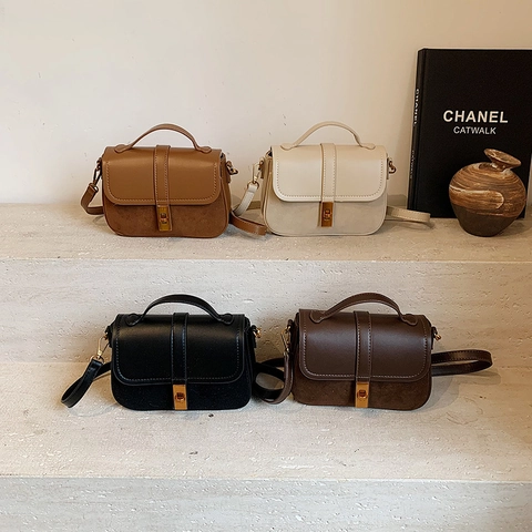 Borsa Tracolla Vintage Donna Pelle PU Camoscio Patchwork Piccola Borsa Mano Quadrata Con Chiusura Metallo Patta Manico