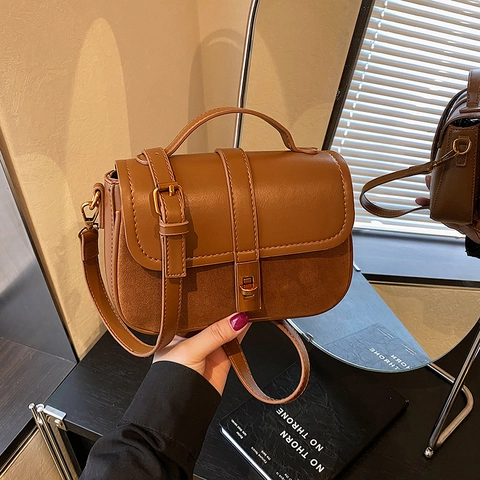 Borsa Tracolla Vintage Donna Pelle PU Camoscio Patchwork Piccola Borsa Mano Quadrata Con Chiusura Metallo Patta Manico