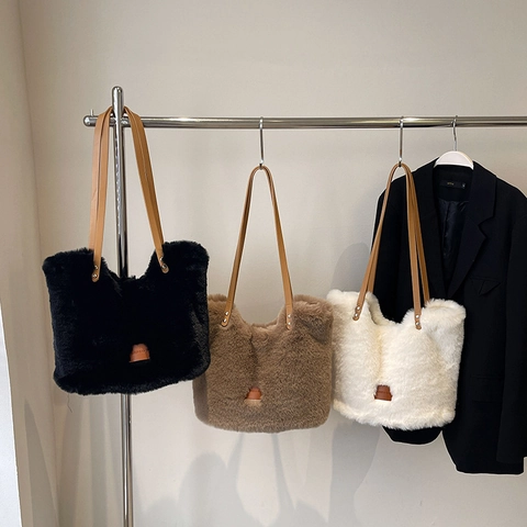 Borsa Tote In Peluche Pelliccia Sintetica Da Donna Grande Capacità Autunno Inverno Casual Borsa A Spalla Con Tracolle In Pelle PU