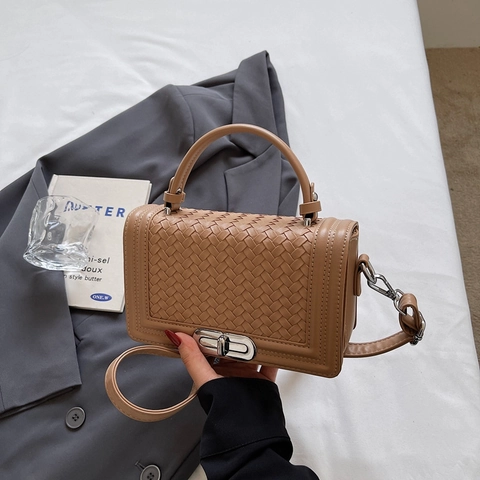 Borsa A Tracolla Chic In Pelle PU Intrecciata Manico Superiore Piccola Borsa Quadrata Con Patta E Chiusura Girevole Argento Donna