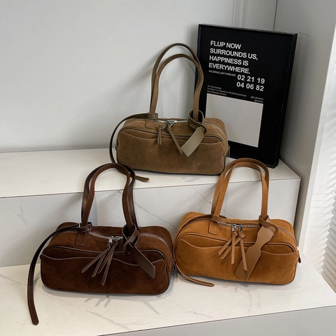 Bolso De Hombro Bowling Retro De Cuero PU Gamuza Gran Capacidad Bolso De Axila Minimalista Urbano Borla