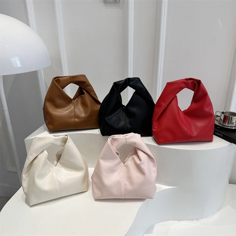 Minimalist Knot Handbag PU Leather Pleated Large Capacity Dumpling Bag Solid Color Women Commuting Casual